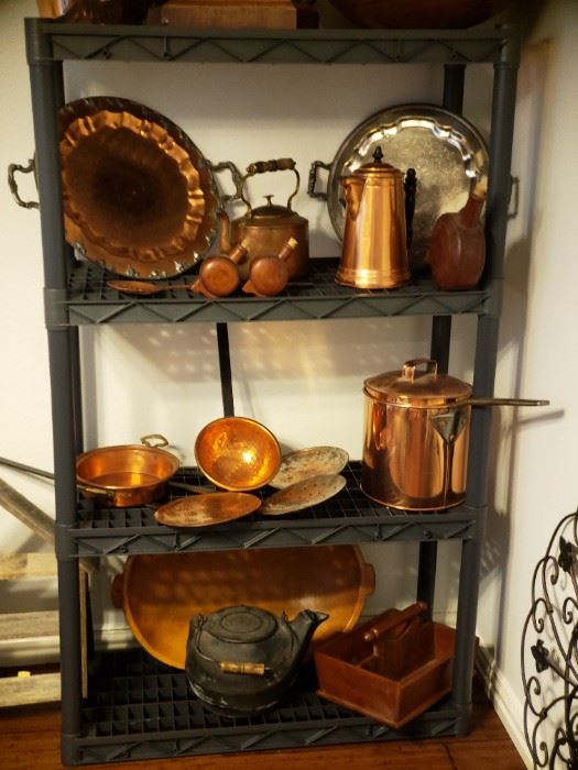 Copper items, trays, cast iron kettle, antique wood box, flat slotted copper spoons