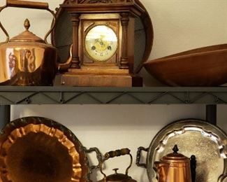 Large wooden bread bowls, antique clocks, antique sifter, wooden bottle set, silver and copper trays