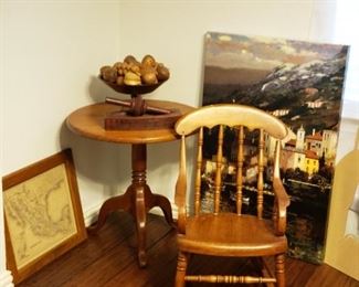 Antique childs rocking chair, wooden fruit, old map prints