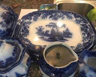 3 large early (before 1845) Flow Blue china platters.  Early Carlton Ware Stoke on Trent pitcher with metal lid