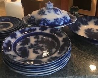 Matching large and medium size plates, large covered tureen, large serving platter in Early Flow Blue (1844)