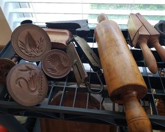 Antique wooden butter stamps, wooden rolling pin, misc antique kitchen items