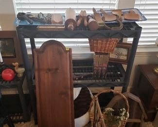 Antique butter paddles, horseshoe, old singer sewing machine base