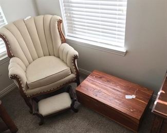 Wing back chair with footstool, small cedar chest