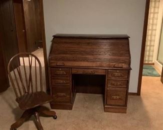 Roll top desk with rolling wood chair 45 x 47 x 24