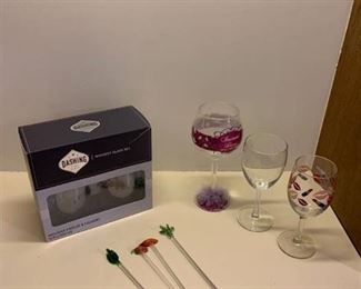 Whiskey glass set, three wine glasses and wine stirrers