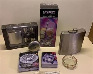 Flasks, glass shaker sets and ash trays