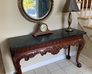 Entry Hall Accent Table with Marble Top : $175. Center Hall Round Mirror (30"): $60 Wuersch (Fall River, MA) Mantle Clock: $50