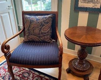 Ethan Allen Side Accent Chair $150/each. Ethan Allen Round Carved Pineapple Pedestal Base Sophia Accent table. High quality carved wood base and round inlaid top. $300