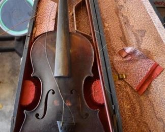 Antique Violin with original case in need of repair imprinted with Antonio Stradivarius inside