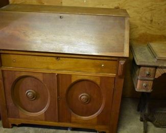 Antique Drop Front Desk with Drawer and Double Door Cabinet