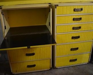 Matching Vintage Wicker Drop Front Desk with 3 Drawers and Matching 6 Drawer Chest