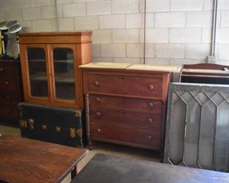 Antique Trunk, 4 Drawer Chest, Steamer Trunks, 4 Matching Windows, and Mid Century Hutch Top