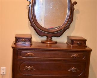 Gorgeous Antique Davis Cabinet Company Jinny Lind Bedroom Set: this is one of the first made and it is in extremely nice condition. Featuring The Dresser with Ox Bow Mirror, Bed, Chest and End Table in Beautiful Condition.