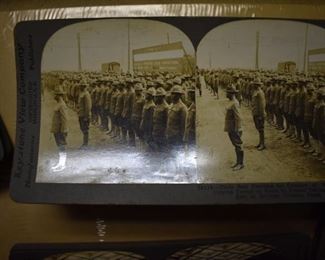 Antique Stereoscopic Cards:                                                     
 28 WWI Cards,                                                                                    6 Cards dealing with Woodrow Wilson Inauguration & WWI,                                                                                                
Naval Academy Graduation Class of 1917 (graduating 1 year early because of WWI),                                      Queens and Princesses during the inauguration of the CZAR of Russia                                                                                  
10 Architectural,                                                                                         7 Natural Scenic Landscape                                                           2 Cultural Cards