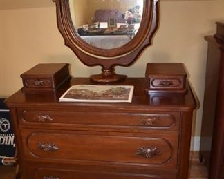 Gorgeous Antique Davis Cabinet Company Lillian Russell Bedroom Set: this is one of the first made and it is in extremely nice condition. Featuring The Dresser with Ox Bow Mirror, Bed, Chest and End Table in Beautiful Condition.