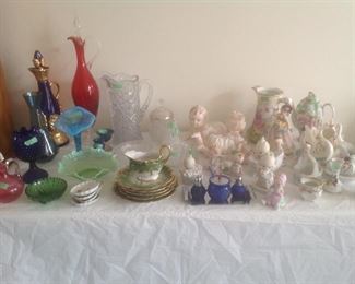 Variety of vintage glass and dishes.....Limoges in green holly has sold.