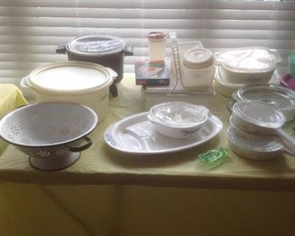Tupperware and corningware, vintage sieve.