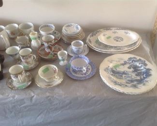Cups and saucers, blue and white dishes