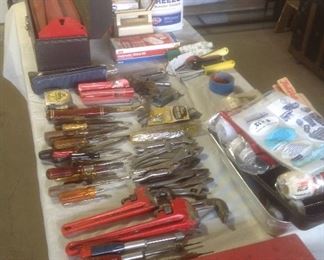 Variety of tools, tool box, garage products, paint supplies, hose, cooler