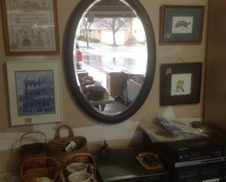 Pictures, mirror, celluloid clocks, Longaberger baskets