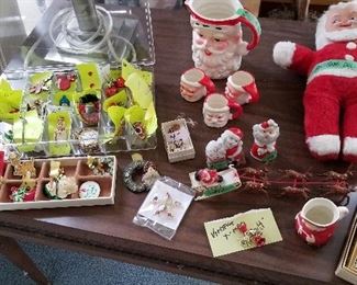 Vintage Christmas earrings and pins, Santa doll, Santa creamer and mugs, 