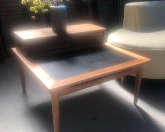 MCM c. ‘60s end table  matte black laminate top. Beautiful wood. 