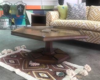 MCM hexagonal wooden table.  My plans were to paint... ivory and gold trim!  Brand new from market cotton rug w tassels. 