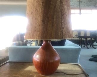 Vintage Orange Pottery lamp with two bulb sockets. 