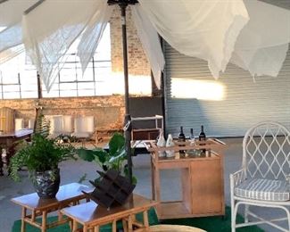 Vintage Tea cart with cabinet and top for bottles and glasses...and it's on casters! (I love casters!) Two bamboo and laminate top side tables, excellent condition and great for covered out door area (or inside!)