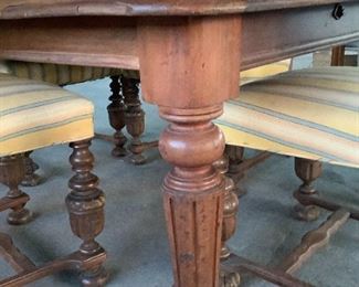 Turned legs on antique table with casters. 