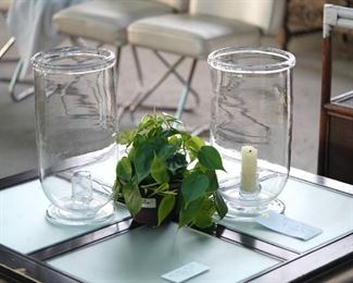 Two hand blown Calvin Klein Home very large hurricane candle holders