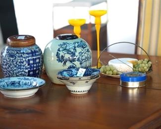 Antique Chinese jars with wooden lids and four bowls