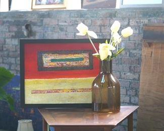 Painting from New York Street Artist; vintage MCM side table with patterned wooden top from the Crawford Home (recently torn down). 