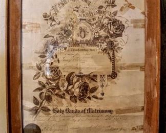 Antique Framed Marriage Certificate 1894