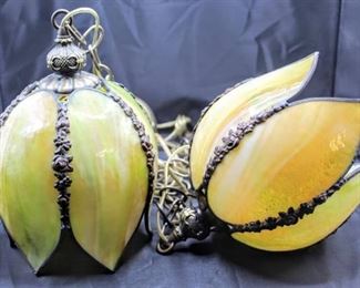 Rare Vintage Duo Tulip Stained Slag Glass Hanging Chandelier Light Fixtures 6 Panels 11" x 6"