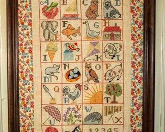Vintage Quilted, Framed Needlepoint Art "Teach Me Please..." measures 27" x 21"