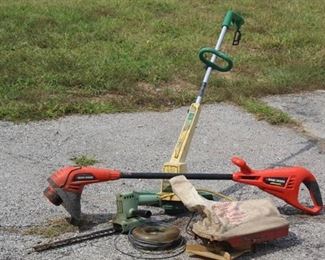 Outdoor Yard Lot! Vintage Antique Cyclone Seed Sower Broadcaster Canvas Bag with Crank, 2 Trimmer Weed Eaters