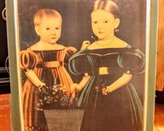 (2) Piece Vintage Art Lot; Framed without glass Print of 2 Young Girls and Matted Framed Print of Boy and His Dog