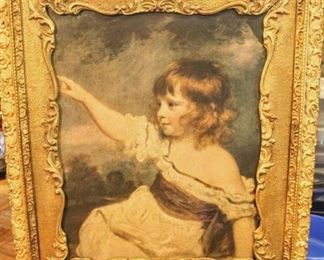 Gorgeous Ornate Vintage Framed Picture of Pointing Girl 27.5" x 23.5"
