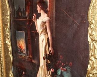 Beautiful Ornate Victorian Framed Picture of Woman Standing In Front of Fireplace 23" x 27"