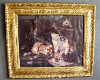 Beautiful Vintage Ornate Gilded Frame of Cats at Play 26" x 22"
