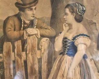 Antique Framed Believed to be Hand Painted Lithograph of Man and Woman 22" x 18.5"