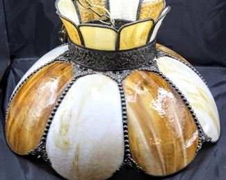 Vintage Stained Slag Glass Hanging Chandelier Light Fixture-8 Panel Stained Glass