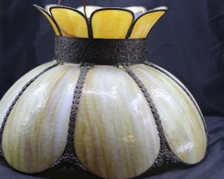 Vintage Stained Slag Glass Hanging Chandelier Light Fixture-Panel Stained Glass 18" Diam.