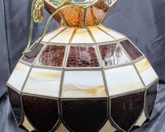 Vintage Stained Slag Glass Hanging Chandelier Light Fixture- Multi-Panel Stained Glass Approximately 18" Diam.