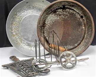 Vintage Kitchen Lot; Wilson Cast Iron Trivet, Everlast Hand Forged Aluminum Server 5046, Sifting Pan, Wire Canning Jar Lifter and A&J Steel Hand Crank Mixer Beater