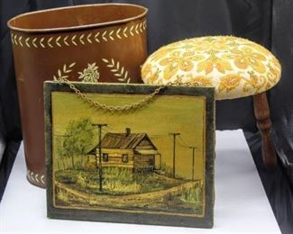Vintage Lot including Weibro Waste Basket, Floral Padded Stool, and Wood Art
