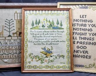 (3) Piece Vintage Lot, Needlepoint Art; Noahs Ark 14" x 16", Let Nothing 13.5" x 11", Our Lives Are Albums 10.5" x 13"