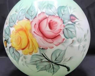 Antique Opal Glass Ball Hand Painted Lamp Shade 10" Diam x 9.75" Victorian Roses Scene
